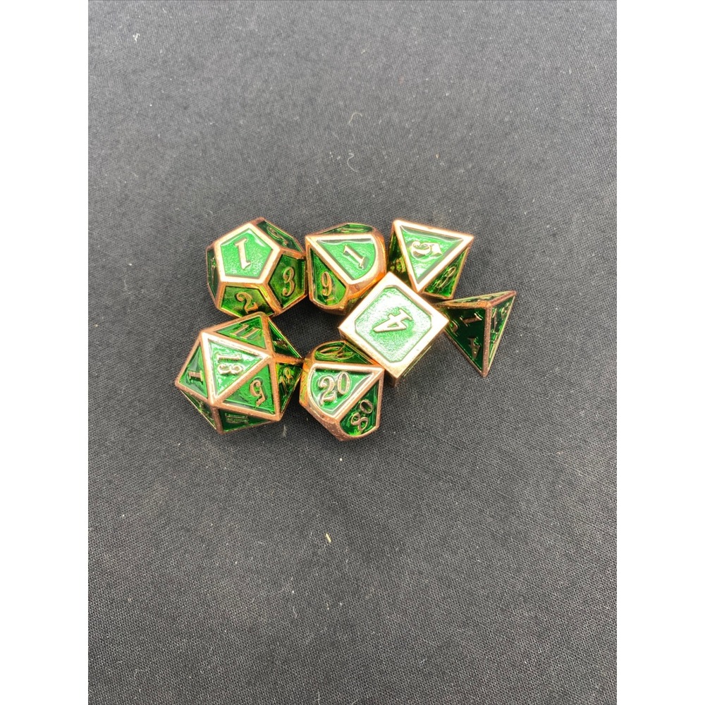 DND Polyhedral Metal Dice Set Green Copper TTRPG RPG 7pc Emerald Heavy Gamer